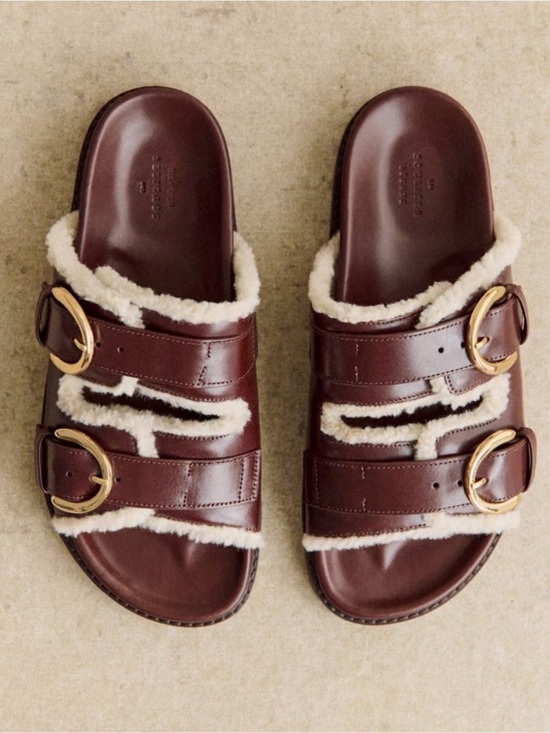 Sezane Shoes - Sezane Women’s Brown Shearling-Trim Slide Sandals size 7 / 38